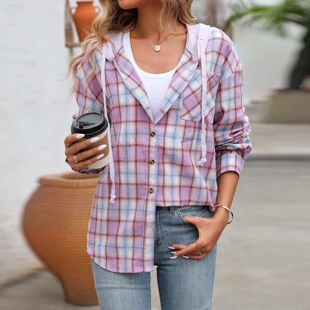TIMIFIS Women's Plaid Hooded Jacket Fall Casual Long Sleeve Button Up Cardigan Coats