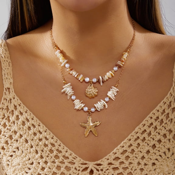 NICKSUN Boho Ocean Themed Layered Beaded Necklace, Multi-Layer Stackable Starfish Shell Imitation Pearl Choker, Summer Vacation Beach Statement Jewelry
