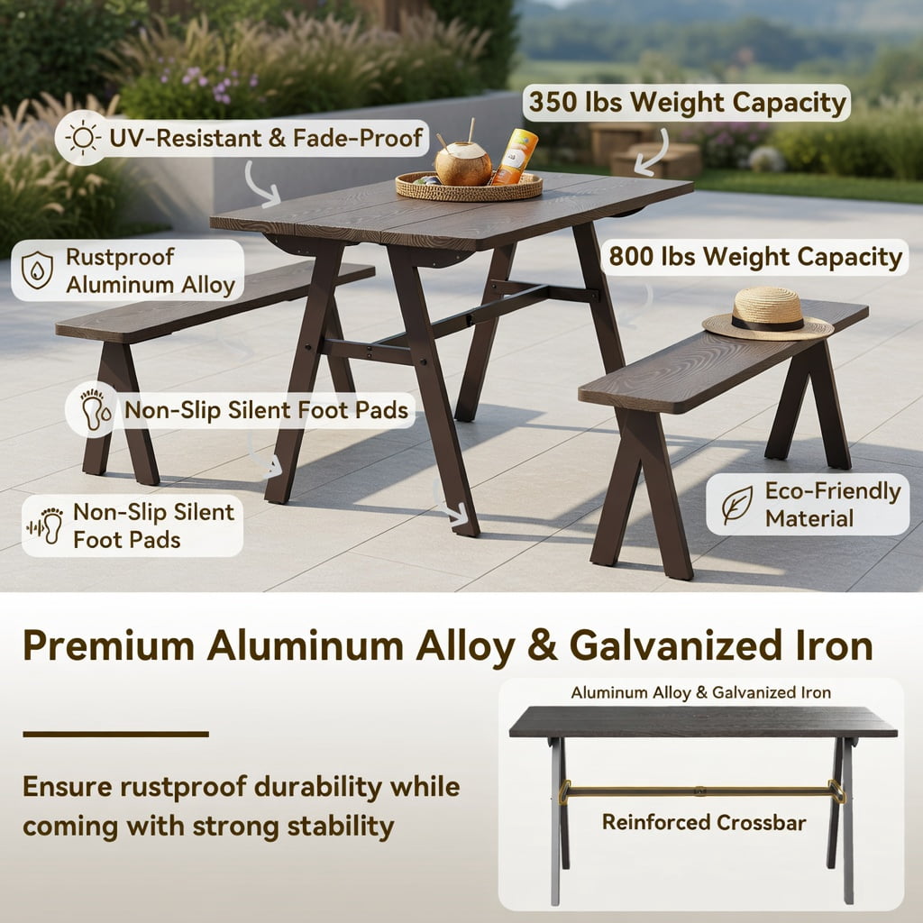 Hommoo Heavy-Duty 3-Person Outdoor Bench Set of 2, Rust-Resistant Galvanized Iron Benches, Patio Seating for Deck, Garden & Balcony, Dark Brown