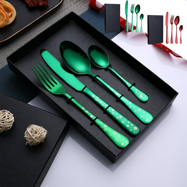 Fiudx Juego de Cubiertos Navideños de Acero Inoxidable, Cuchillo, Tenedor y Cuchara, Diseño Único En Rojo y Verde, Ergonómico, Fácil de Limpiar, Esencial para Las Cenas Navideñas, Juego de 4 Piezas,