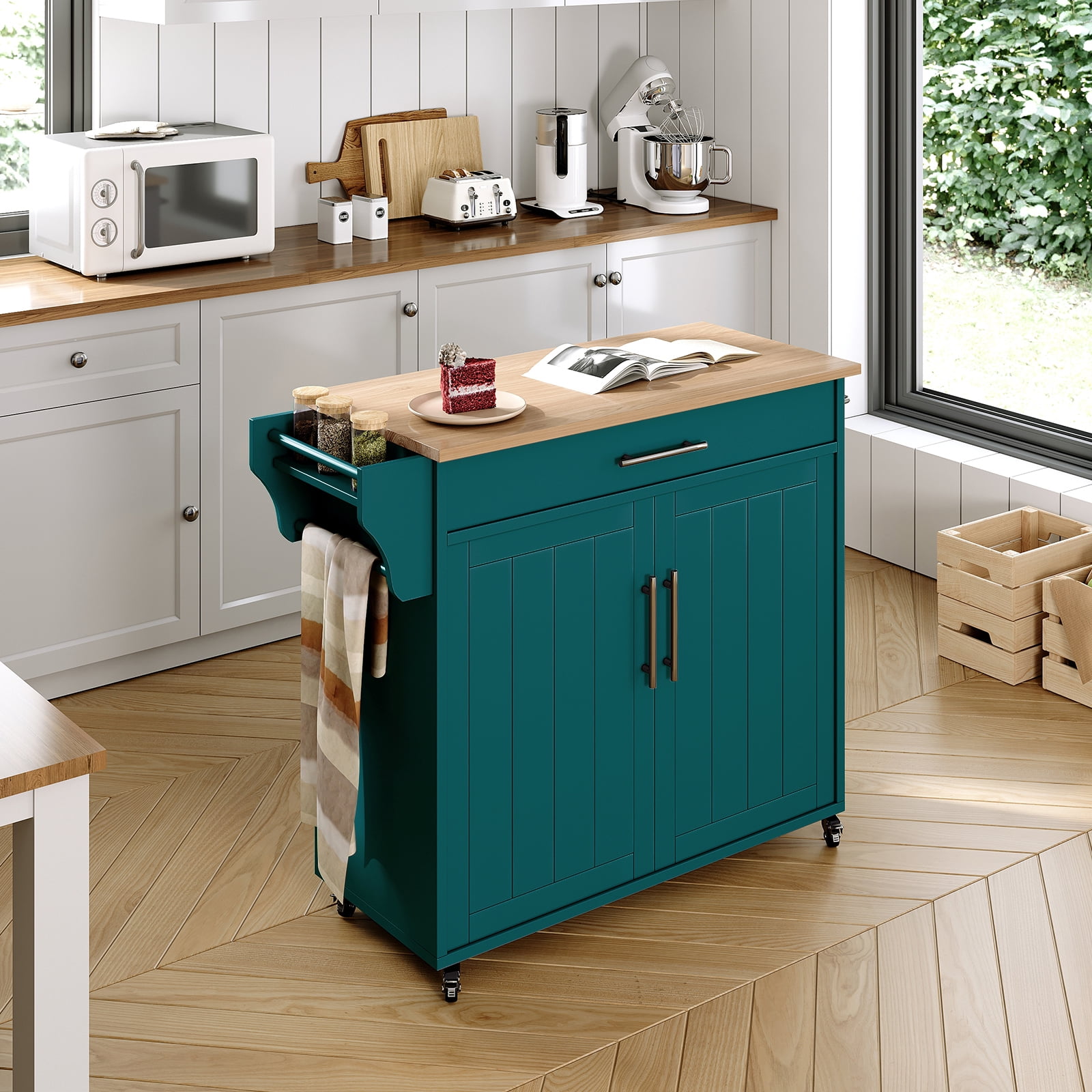 Pingliang Home 35" Kitchen Pantry Cabinet Kitchen Island with Storage,Wood Top Cart with Wheels,Fits for Home Coffee Bar