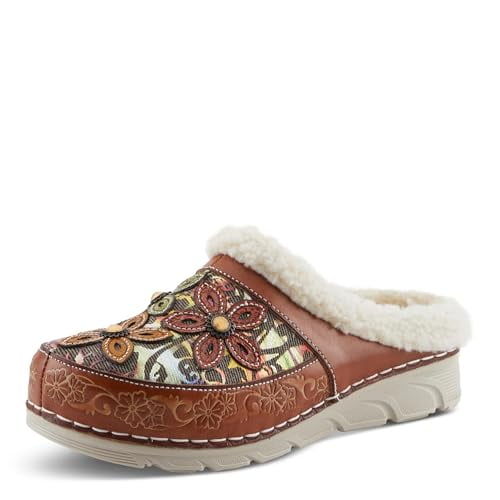 Spring Step L'Artiste Honestela Women’s Embossed Leather Clogs with Tapestry Upper - Sherpa Lined Slip-On for Warmth and Cushioned Wedge Heel Comfort Clog