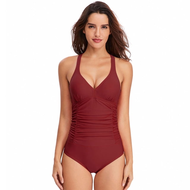 Traje de baño de una pieza con control de barriga para mujer Traje de baño de una pieza de color sólido clarete