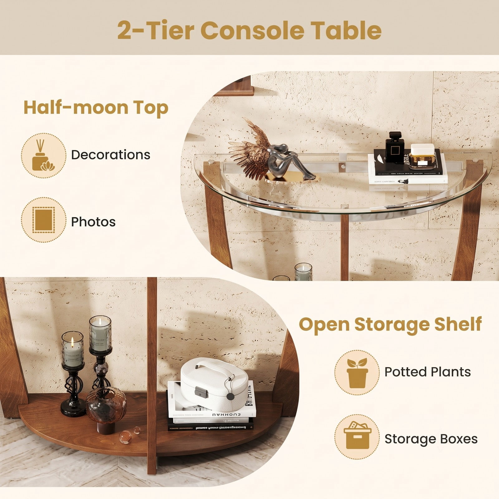Furnibear 2-Tier Tempered Glass Console Table, Half-Moon Sofa Entryway Table with Open Storage Shelf and Solid Wood Legs for Living Room Hallway, Walnut