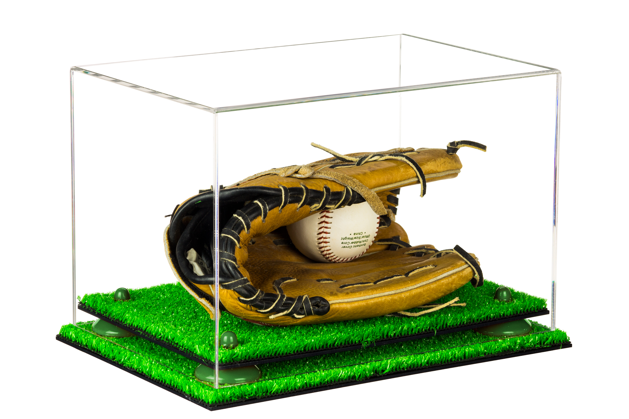 Clear Acrylic Baseball Glove Display Case with Green Risers and Turf
