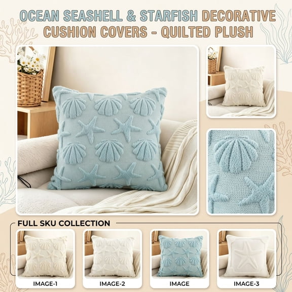 Coastal Starfish Decorative Throw Pillow Cover 18x18 Inch Quilted Plush Cushion Case for Beach House Decor Sofa Couch Bedding Nautical Theme Room , 1Pack A