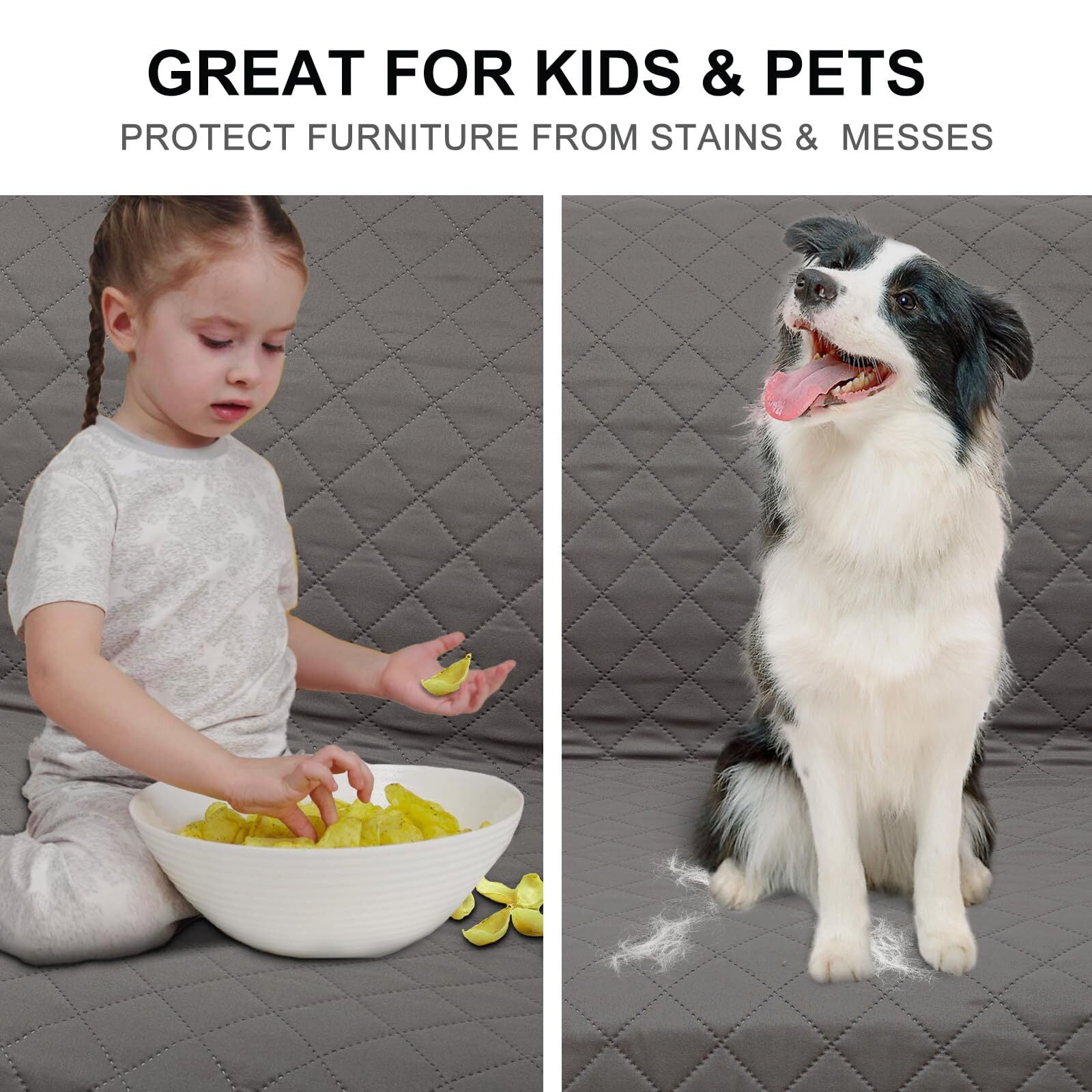 Rekopi Waterproof Couch Covers Non-Slip Sofa Cover with Elastic Straps Silicone Backing Washable Furniture Protector Slipcovers for Kids Pets Dogs Living (Gray, 46")