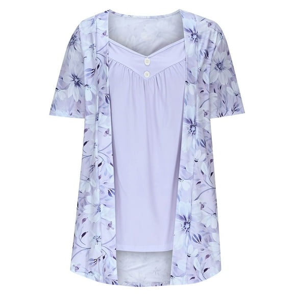 CheerKidz Ladies' Loose Printed V-Neck Fake Two-Piece Short Sleeve Tops Plus Size Fashion Tops 2025 Summer Trendy(Blue,3XL)