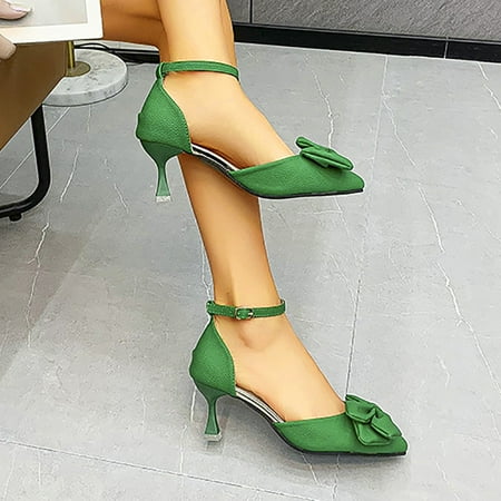 

〖Yilirongyumm〗 Green 40 Sandals Women Ladies Fashion Solid Color Bow Shoes Buckle High Heel Pointed Toe Sandals