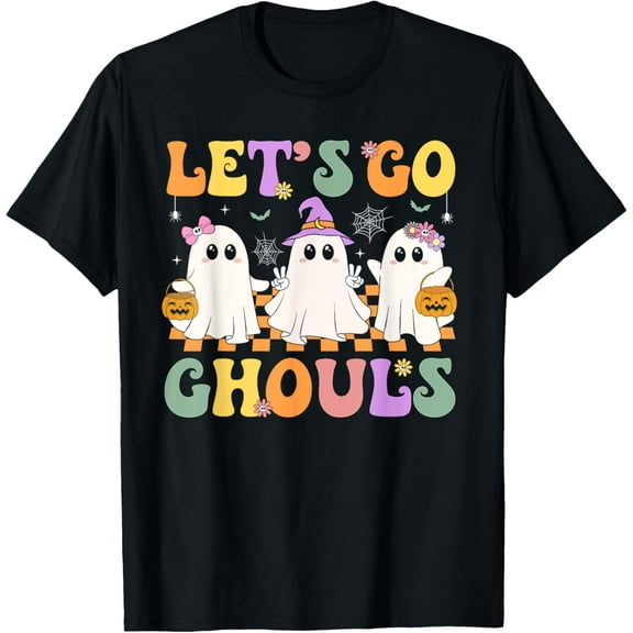 Retro Groovy Halloween Womens Girls Funny Let's Go Ghouls T-Shirt