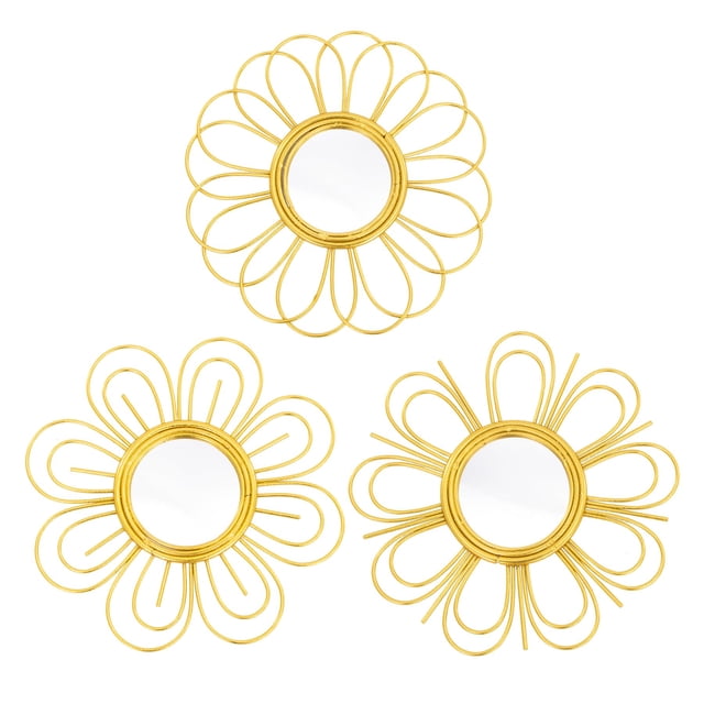 Espejo de pared Manortang, set de 3 piezas de 23 cm, flor dorada