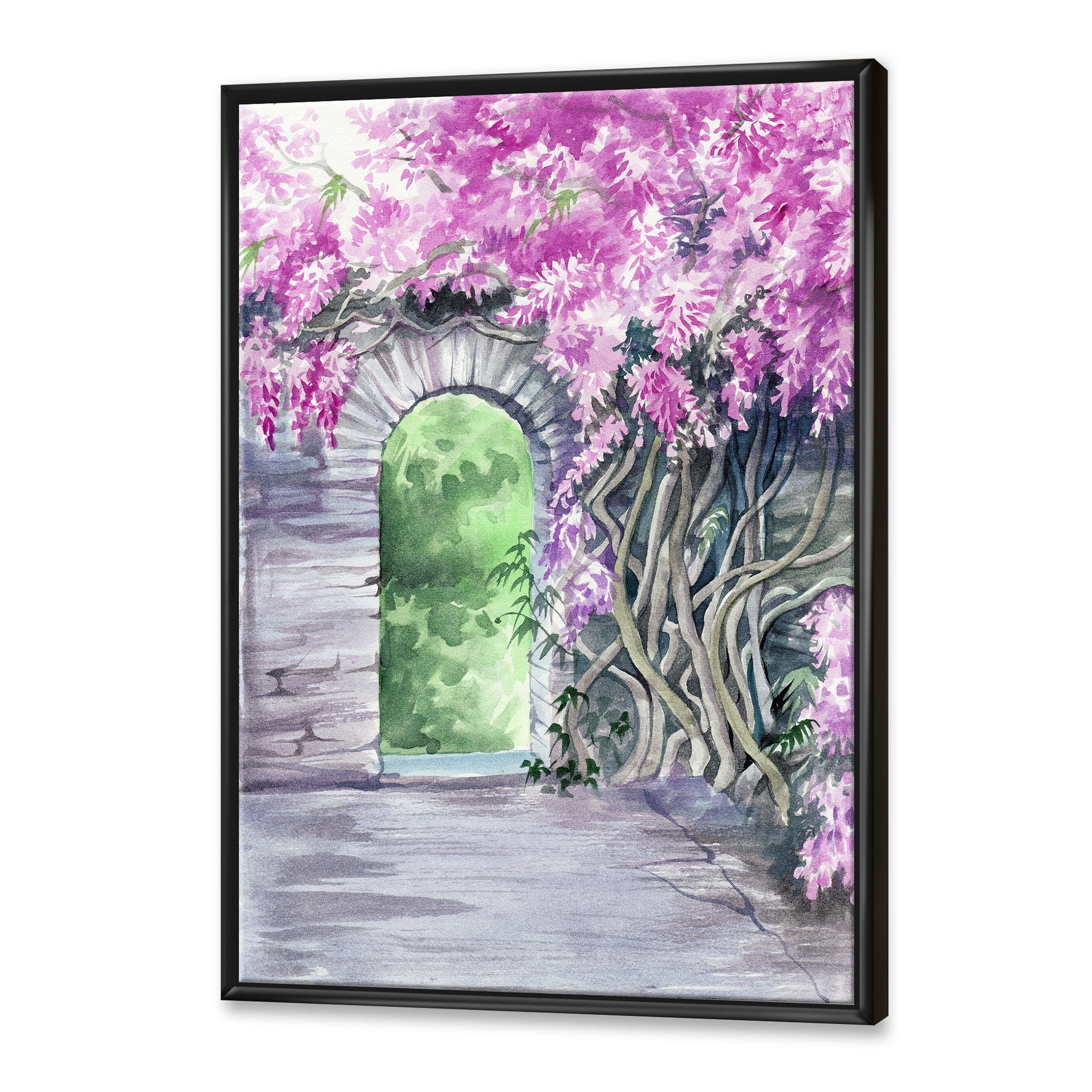 Designart 'Blossoming Purple Wisteria Garden Over The Wall' Traditional Framed Canvas Wall Art Print