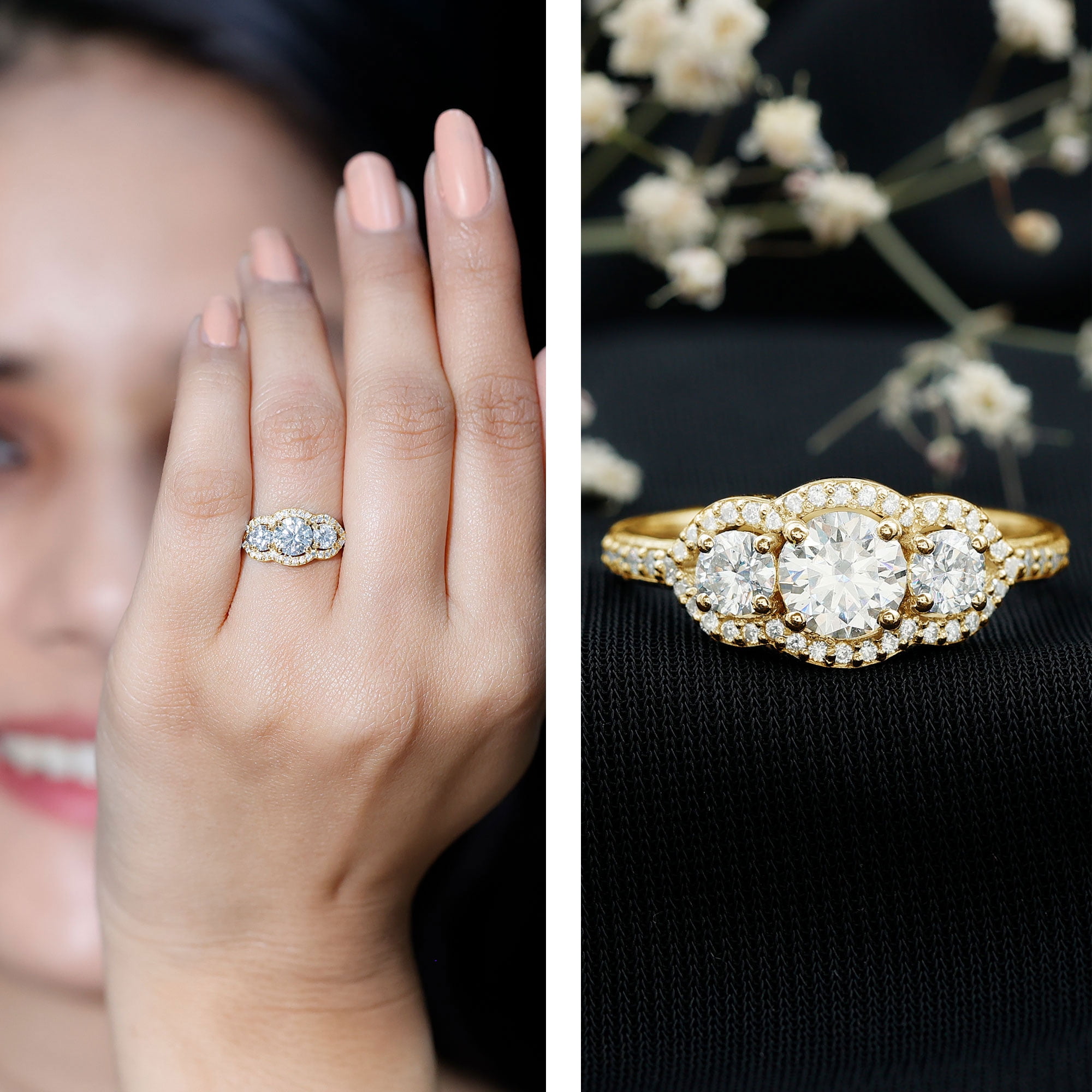 Rosec Jewels Certified Moissanite 3 Stone Engagement Ring for Women - D-VS1 Quality - Statement Ring - with Jewelry Box, 10K Yellow Gold, US 3.00