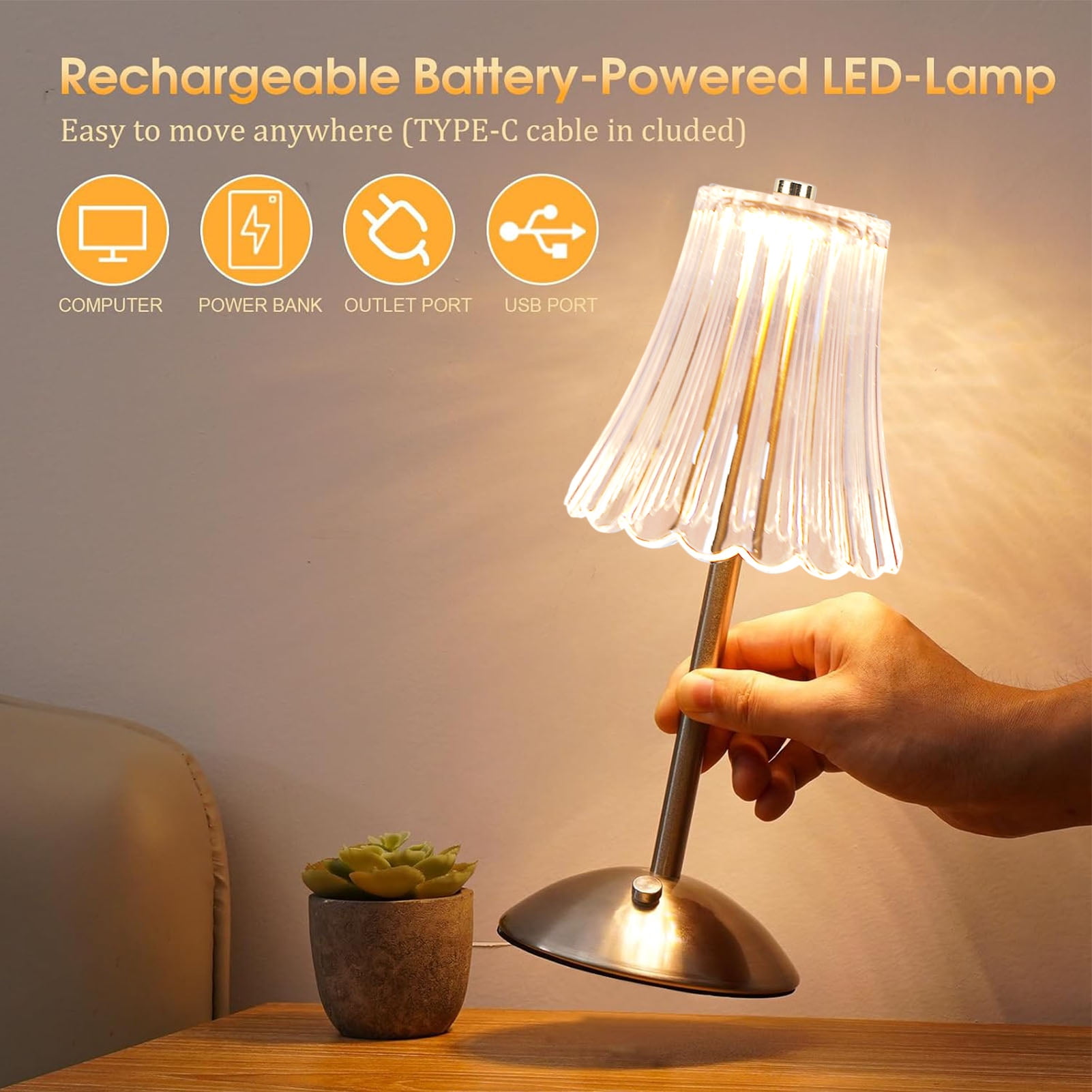 Riousery Cordless Table Lamp 3 Colors LED Desk Light Stepless Dimming Touch Control 2000mAh Battery Operated Rechargeable Nightstand Fixture for Bedroom Living Room Home Office (12.2 inches / 31 cm)
