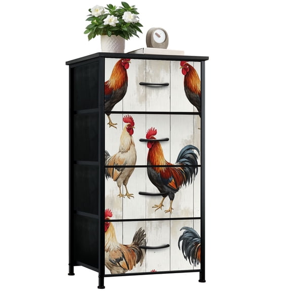 Animal Dresser for Bedroom with 4 Storage Drawers Colorful Roosters Artistic Brushstroke Style Rustic Wood Dressers Chest of Drawers Steel Framed Fabric Closet Organizers for Nursery Entryway