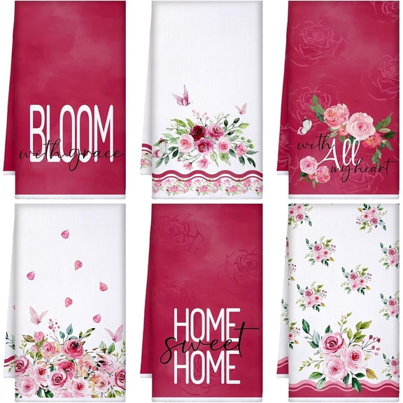 6 Pack Decorative Kitchen Towels Sets Hand Dish Towels Farmhouse Funny Southwest Aztec Rose Design Bathroom Tea Cloth for Home Supplies 18" x 26"(Pink Rose,Valentine''s Day)