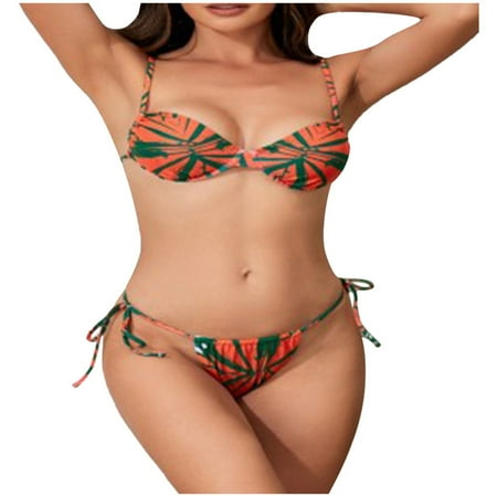UAYOTSE Bikini Set for Women Two Piece Swimsuits V Neck Low Rise Self Tie Straps  Orange L
