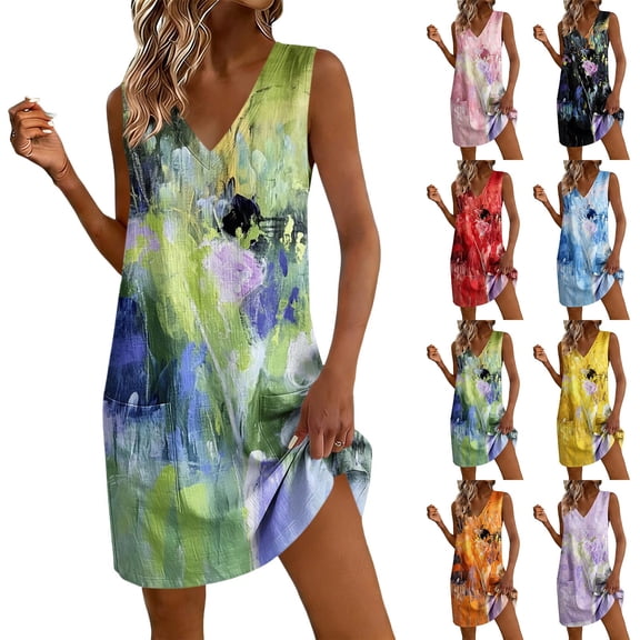 Noric Women's Sleeveless V Neck Tank Dresses Print Casual Loose Fit with Pockets Summer Mini Dresses