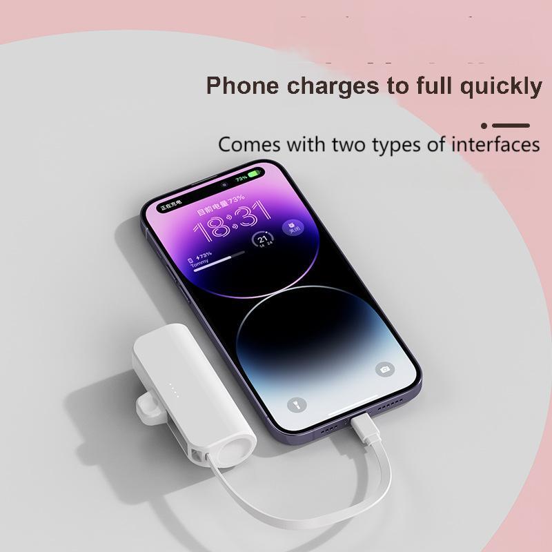 Portable charger, a mini power bank with 10W output and 5000mAh capacity, is a fast-charging battery pack suitable for all mobile phone types and compatible with all iPhone series