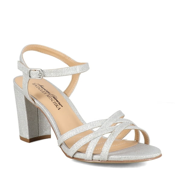 American Glamour Footwear Xandra Dress Block Heel Medium Width Ankle strap Silver