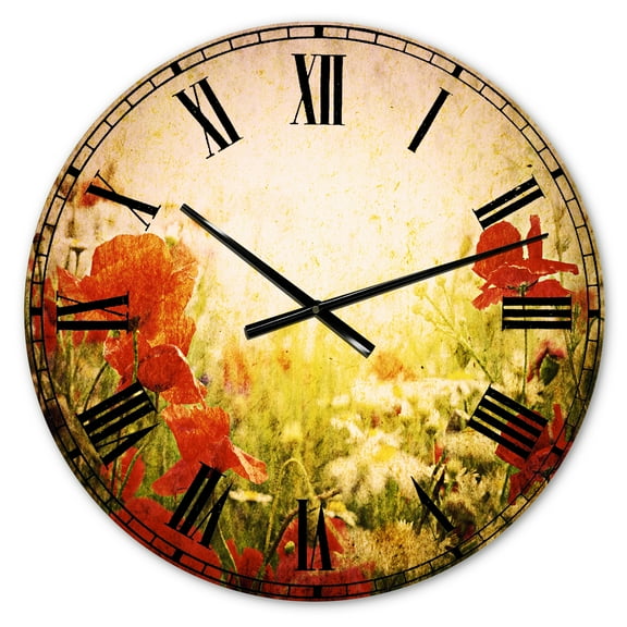 Designart 'Grunge Background with Red Poppies' Traditional wall clock