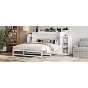 Mintazer Queen Size Murphy Bed with 6 Side Shelves & 2 Drawers, Modern Foldable Cabinet Bed for Bedroom Apartment Guest Room, White