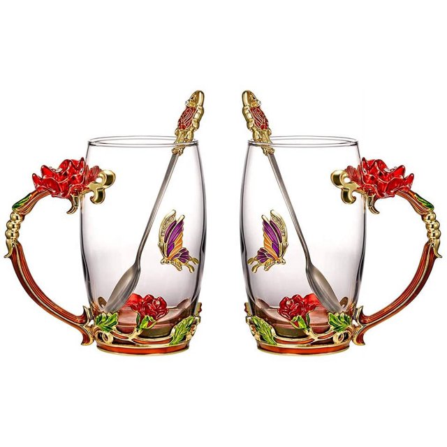 Paquete de 2 tazas de té de cristal con flores, taza de café esmaltada con asa, taza de cristal de mariposa y rosa para mujer, mamá, abuela, amiga, esposa, Navidad Sailing Electrónica