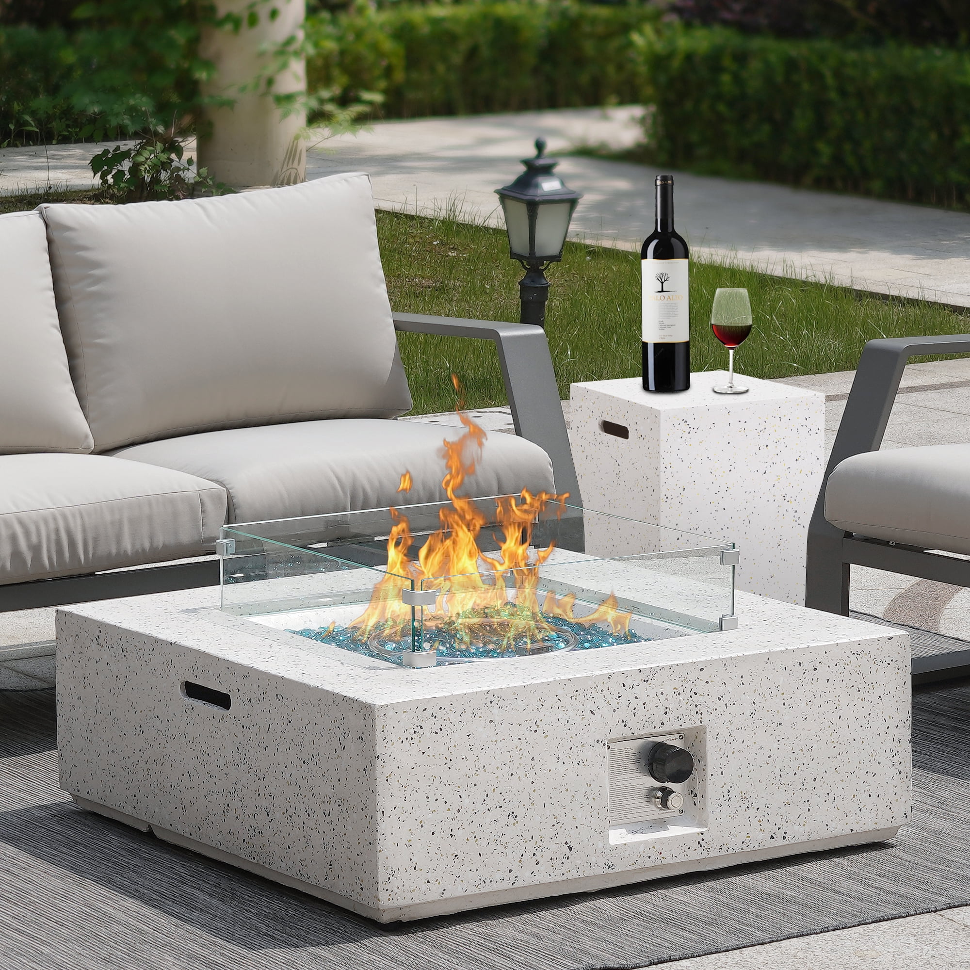 Essential Lounger 35" Square Propane Fire Pit Table with Fire Glass