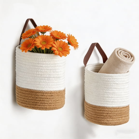 2Pcs Hanging Basket with Leather Handle Set, Decorative Rope Wall Baskets for Organizing, Foldable Hanging Storage Basket for Entryway, Bathroom Decor