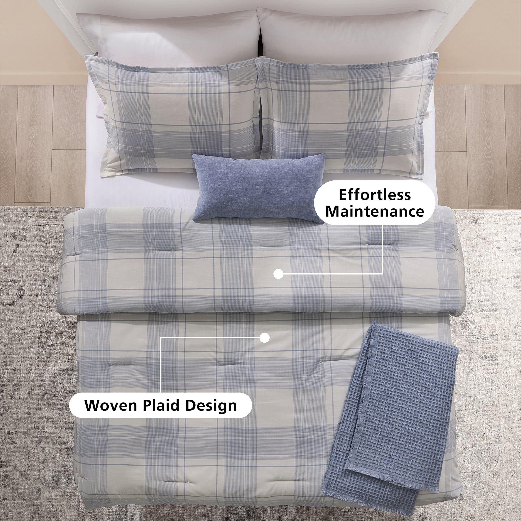 Mainstays Plaid 5-Piece Blue Comforter Set, King