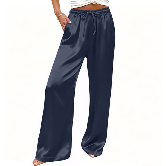 DeHolifer Women's Pants High Waisted Solid Color Wide Leg Drawstring Flowy Trousers with Pockets Navy L