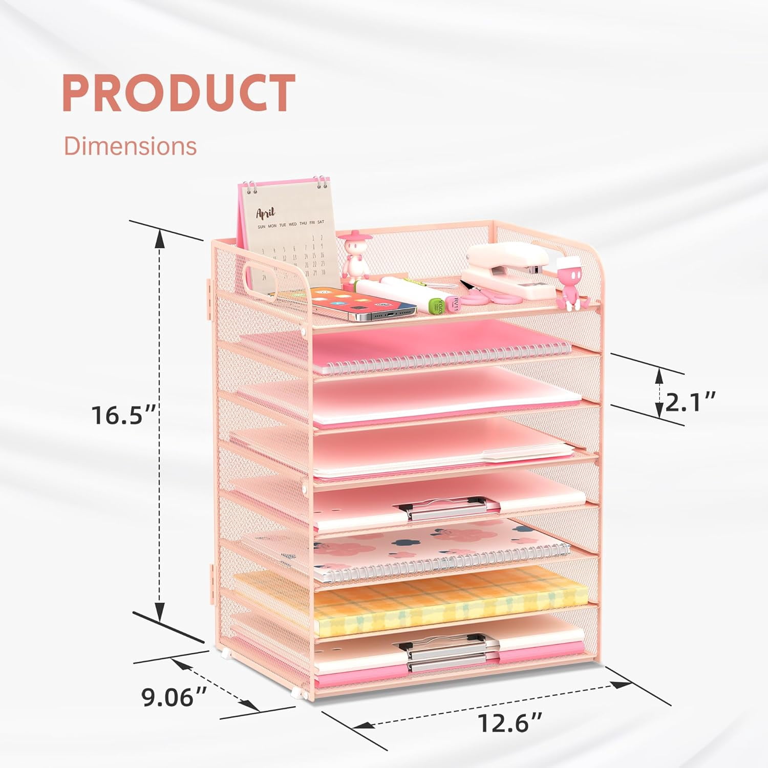 INTIGE 8-Tier Metal Desk File Organizer with Handles, Desktop Paper Organizer, Pink