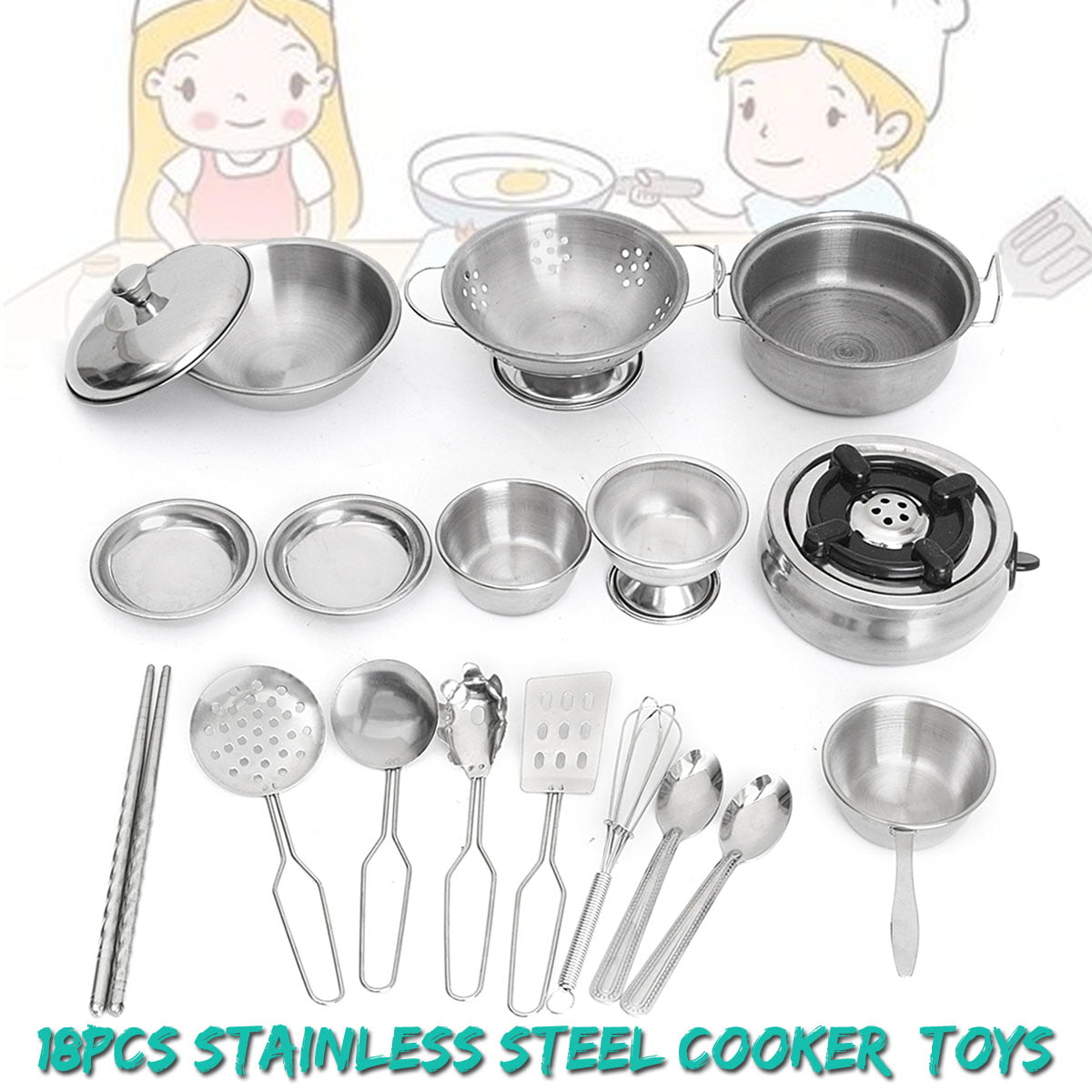 18Pcs Stainless Steel  Kitchenware Pretend Role Play Chef 