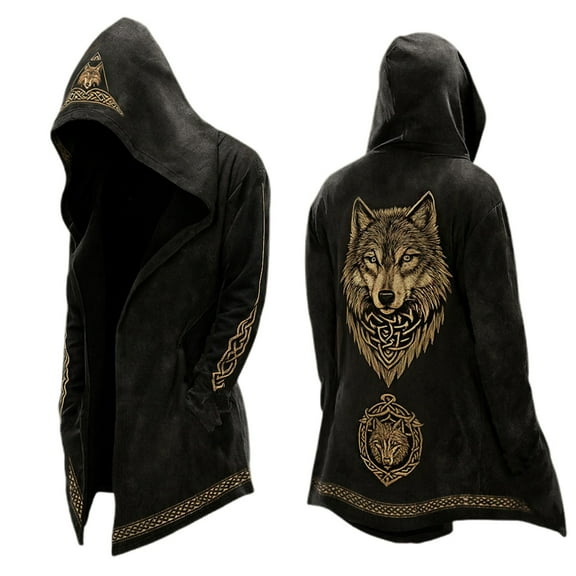 Mens Vintage Hooded Cardigan Jackets Norse Mythology Motorcycle Jacket Coat Long Sleeve Streetwear Relaxed Fit Black L