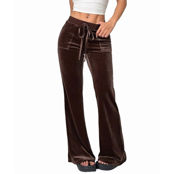 Velvet Pants Women Lounge Comfy Velour Flare Pants Casual Wide Leg High Waisted Drawstring with Pockets Brown XL