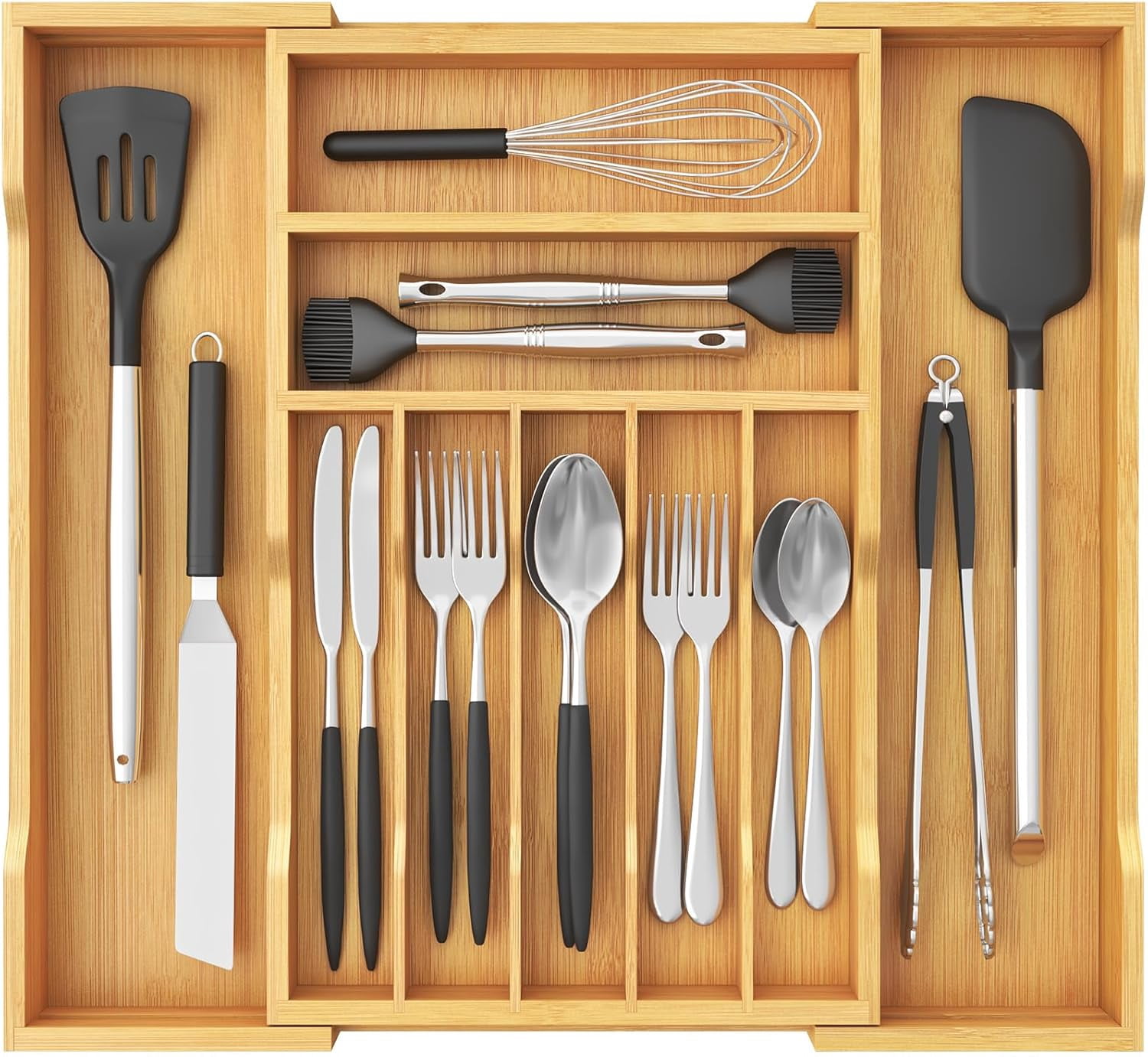ACCL Expandable Bamboo Silverware Organizer, Adjustable Drawer Organizer 13.2"–20.5", Non-Slip Locking Clips, 9-Compartment Kitchen Utensil Tray