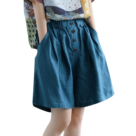 JJHGVB Womens Linen Shorts Womens Long Shorts Baggy Shorts Women Long Shorts for Women Flowy Shorts High Waisted Wide Leg Beach Resort Pants Below the Knee Pedal Pushers for Women Blue L