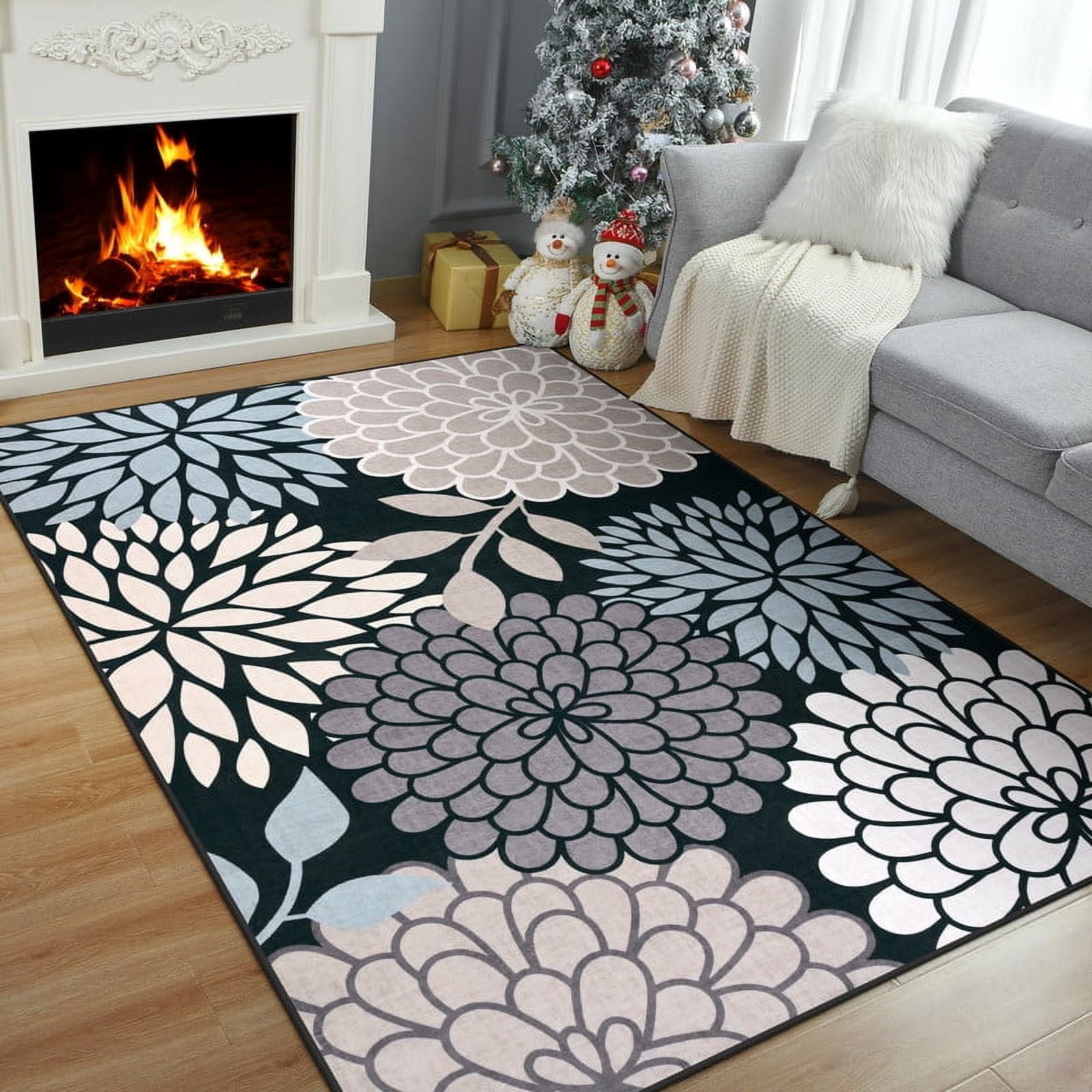TWINNIS Area Rugs Floral Boho Rug Floor Carpet for Living Room Bedroom,4'x6',Black