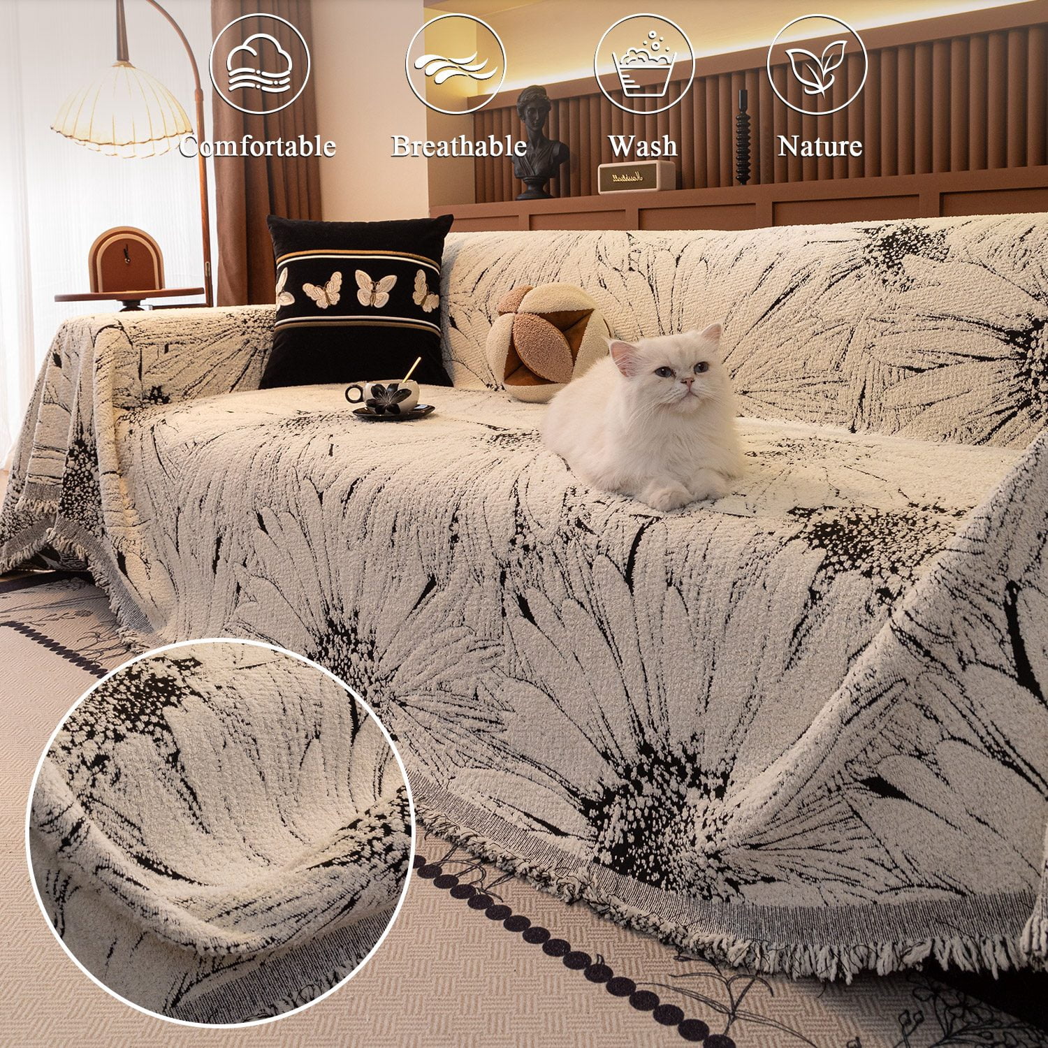 NAYOROOM Artistic Black White Sunflower Couch Cover, Chenille Sofa Cover Slipcover Sofa Towel Furniture Cover（71"x 134"）