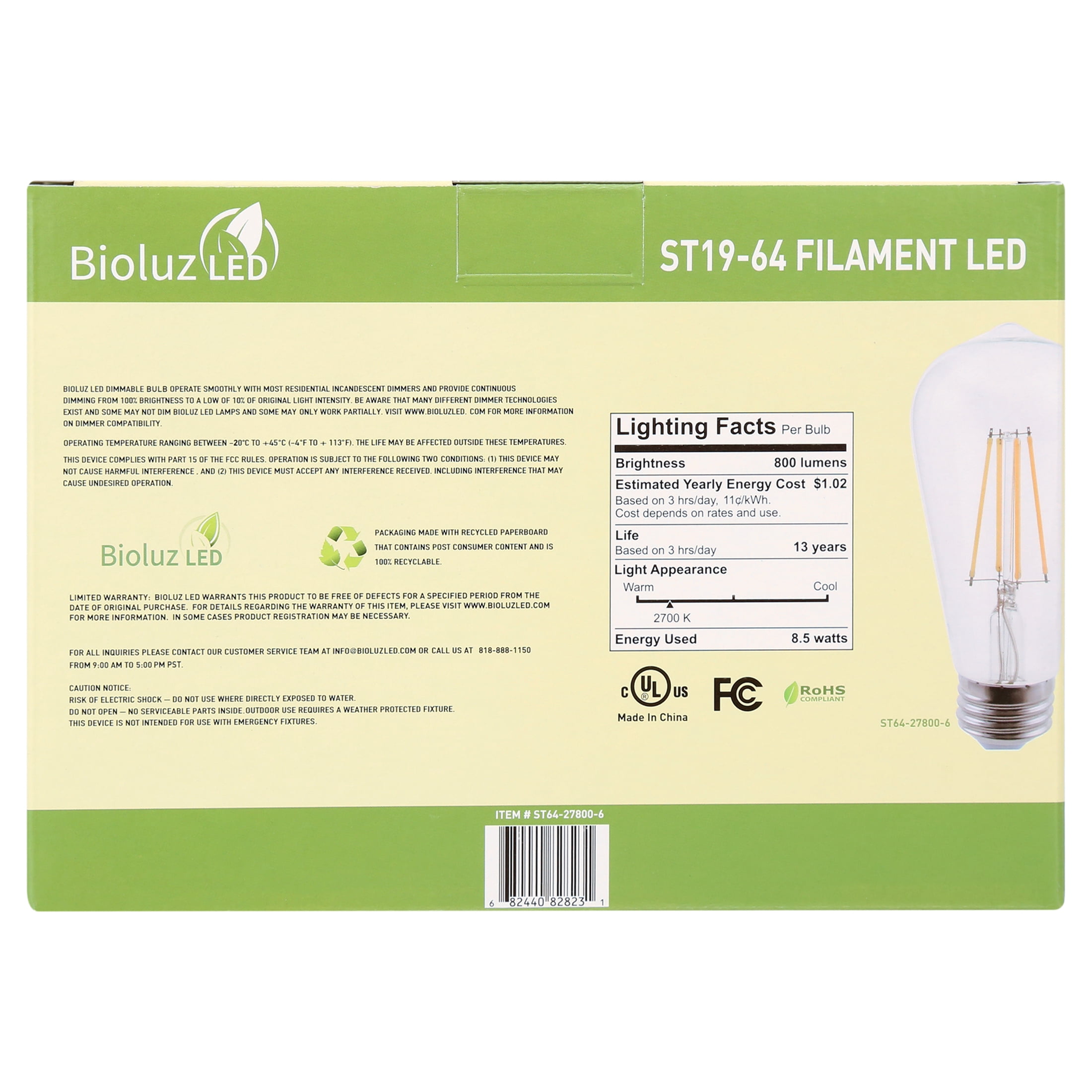 6 Pack Bioluz LED Pendent Light Bulbs, 60 Watt Replacement with Antique Vintage Design, Dimmable Filament ST64 Squirrel Cage E26 Base 2700K Warm White UL Listed