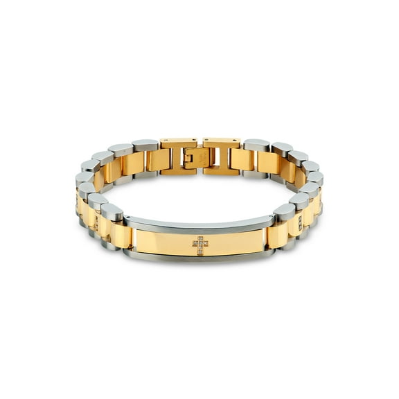 Cubic Zirconia Cross ID Bracelet in Gold IP and Stainless Steel 8.5In