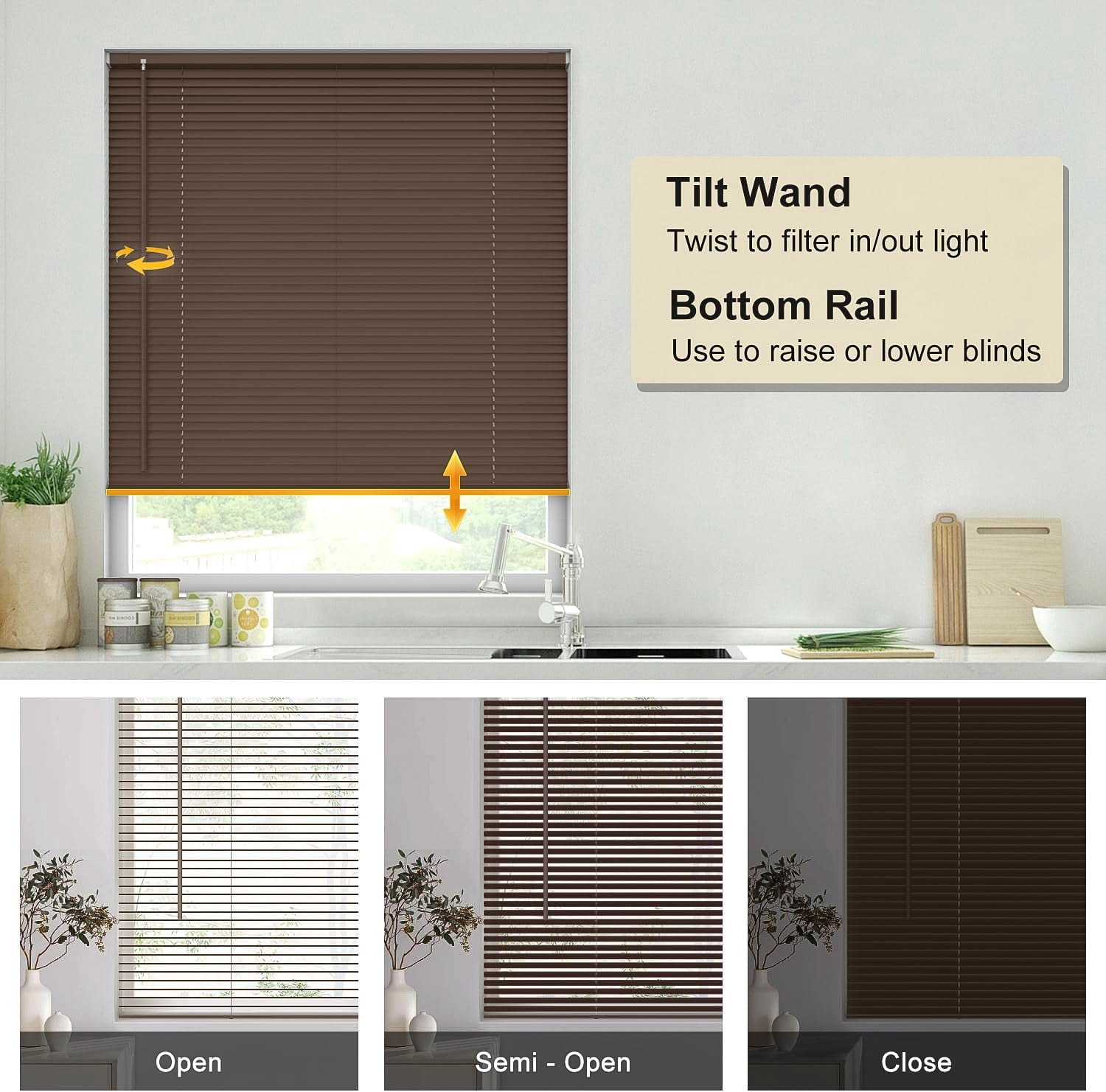 LazBlinds Cordless No Tools-No Drill 1" Vinyl Horizontal Mini Blinds, Light Filtering Blinds for Windows, Blinds & Shades for Window, 25" W x 48" H, Mahogany