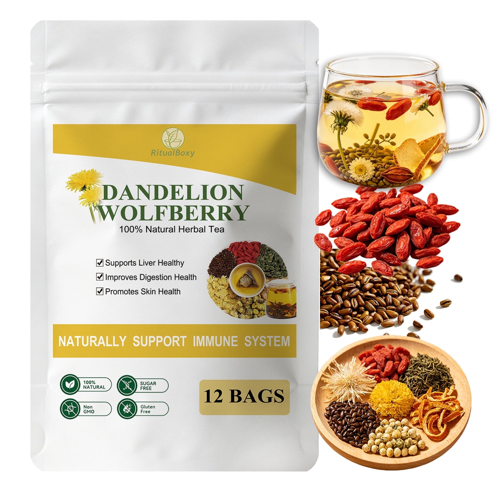 RitualBoxy Dandelion Wolfberry Tea Bags 12 Packs – Herbal Tea Bags Cleanse & Soothe