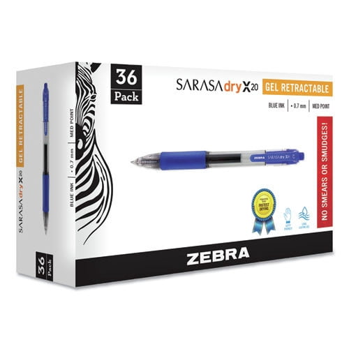 Zebra 46236 Sarasa Dry X20 Medium 0.7 mm Blue Ink Translucent Blue Barrel Retractable Gel Pen (36/Pack)