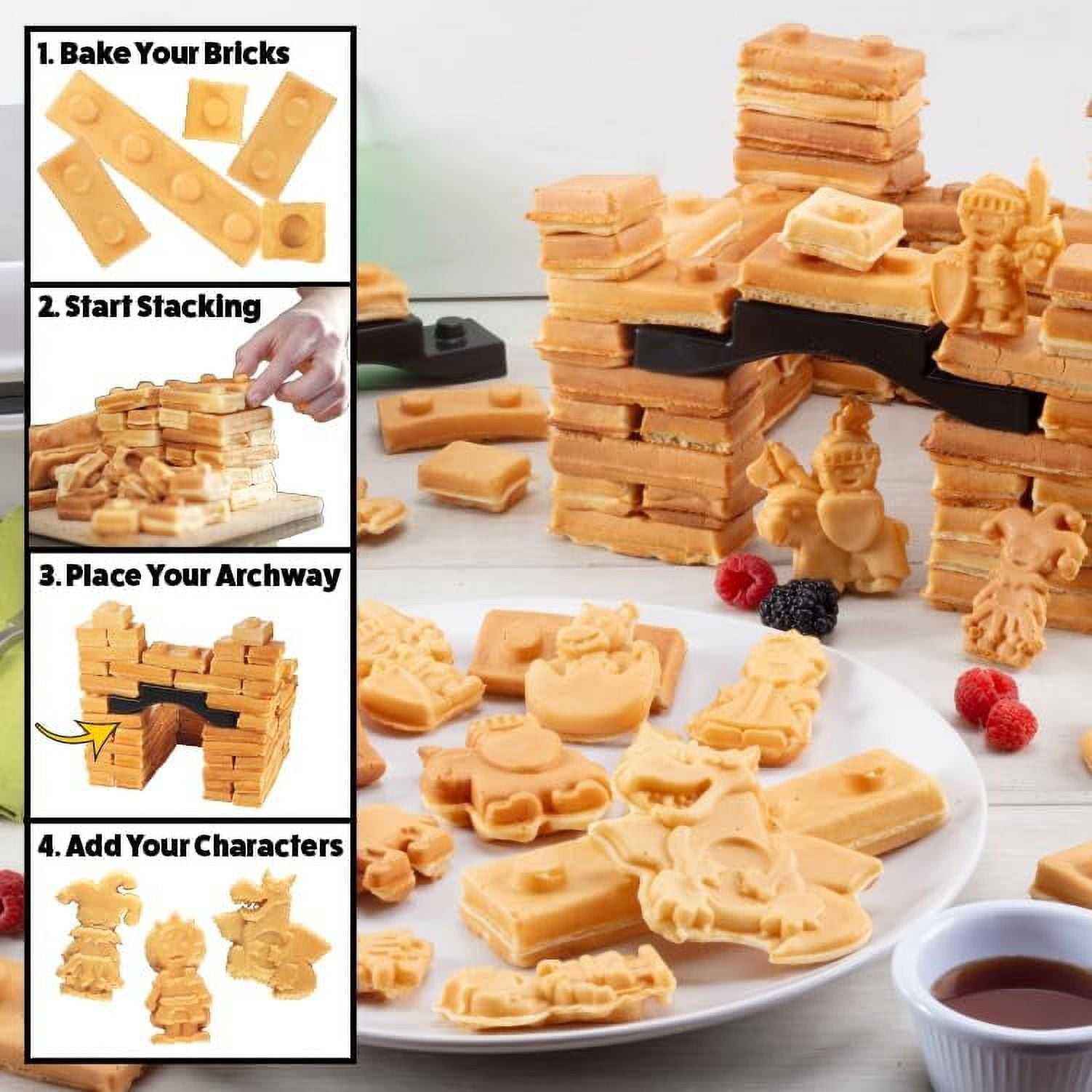Fantasy Castle Waffle Maker Bake Build Castle of Waffles or Pancakes Shaped Like Bricks Knights Princesses Dragons More Electric Nonstick Iron w 4 Removable Dishwasher Safe Plates Fun for