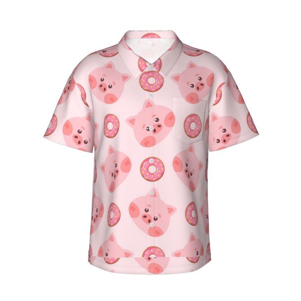 Balery Pigs Head And Donuts Camisas hawaianas de manga corta para hombre, camisas playeras de corte holgado, camisas de vacaciones con botones,3X-Large