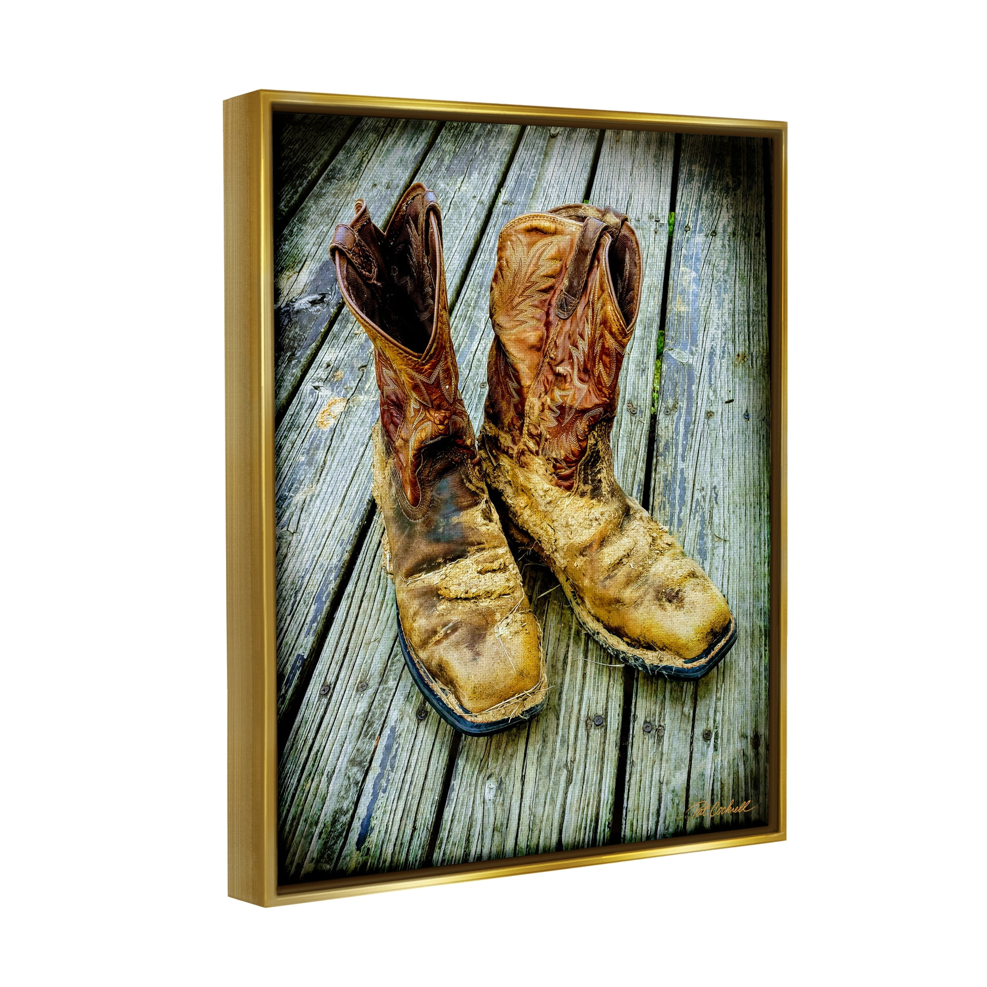 Stupell Industries Old Work Boots Photography Beauty & Fashion Photography Gold Floater Framed Art Print Wall Art, 17 x 21