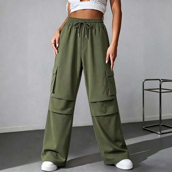 Cagogo Women Wide Leg Cargo Pants with Pockets Casual Loose Drawstring Long Trousers Summer Workout Lounge Beach Travel Utility Bottoms, Army Green L