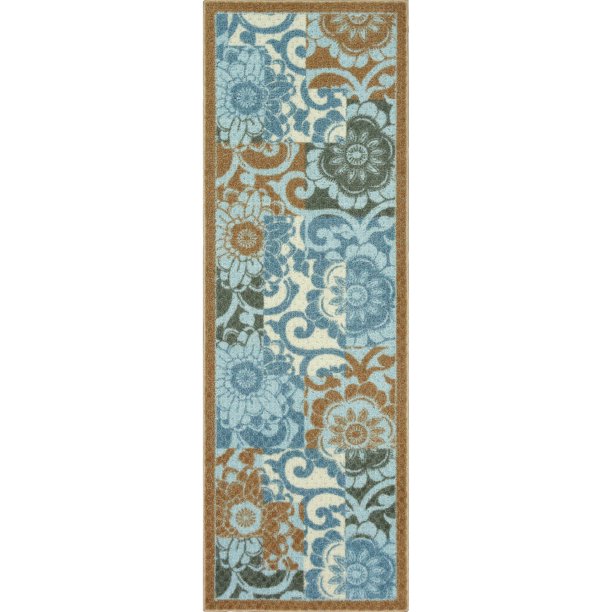 Better Homes & Gardens Washable Peony Blocks Runner Rug, Blue, 1'9"x5