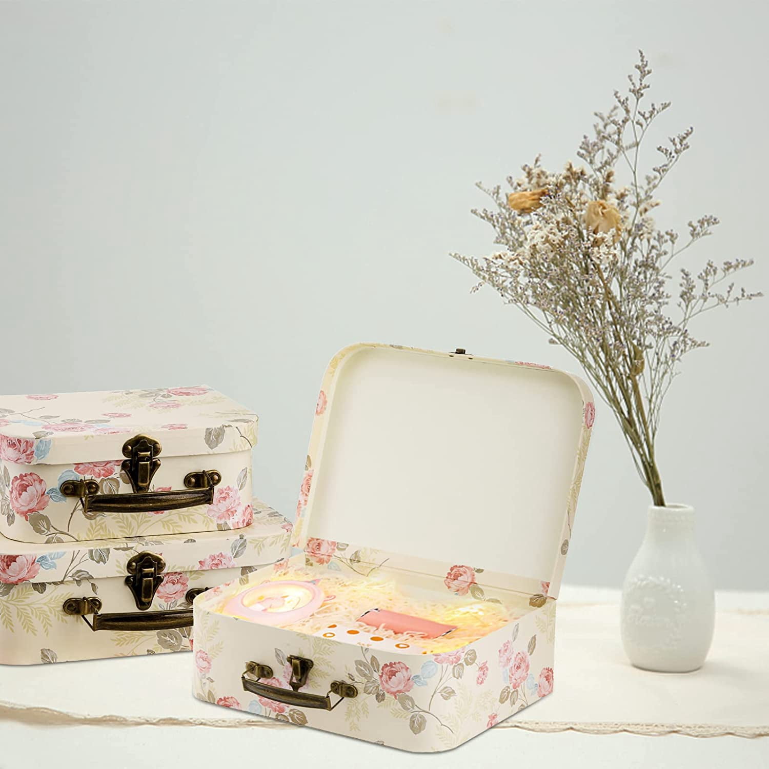 Paperboard Suitcases Storage Box Decorative Boxes Storage Gift Boxes With Lids for Photo Storage Home Decoration, Wedding, Birthday, Anniversary, Light Yellow